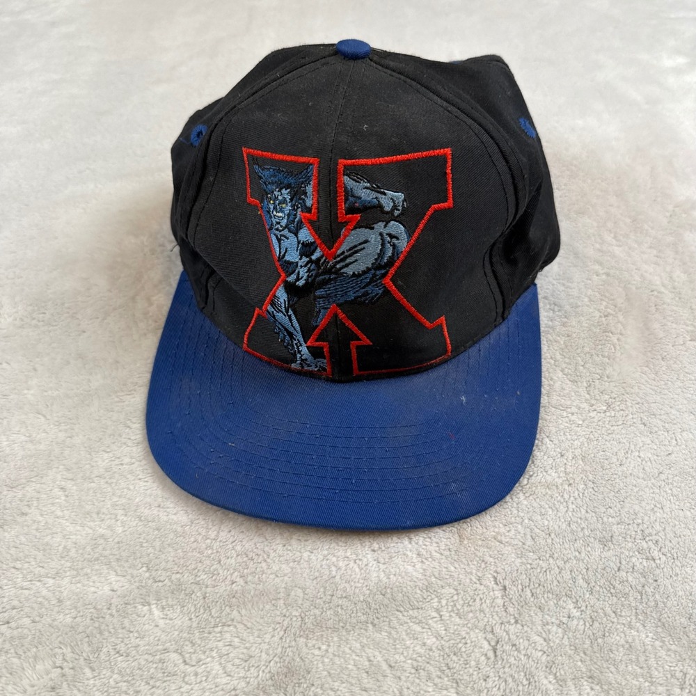 Vintage 90s Marvel X-Men Mutant Gear Snapback Hat Beast Wolverine Black Blue Cap